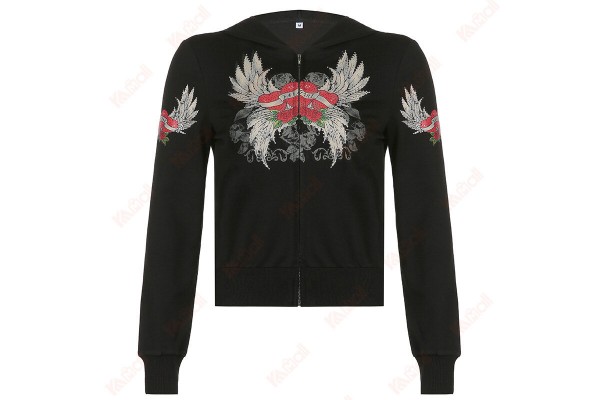 Cheap Black Slim Fit Hoodie Print Long Sleeve Zipper Print Hoodies Kameymall